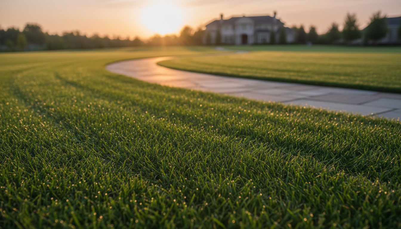 A beautifully maintained, vibrant green residential lawn