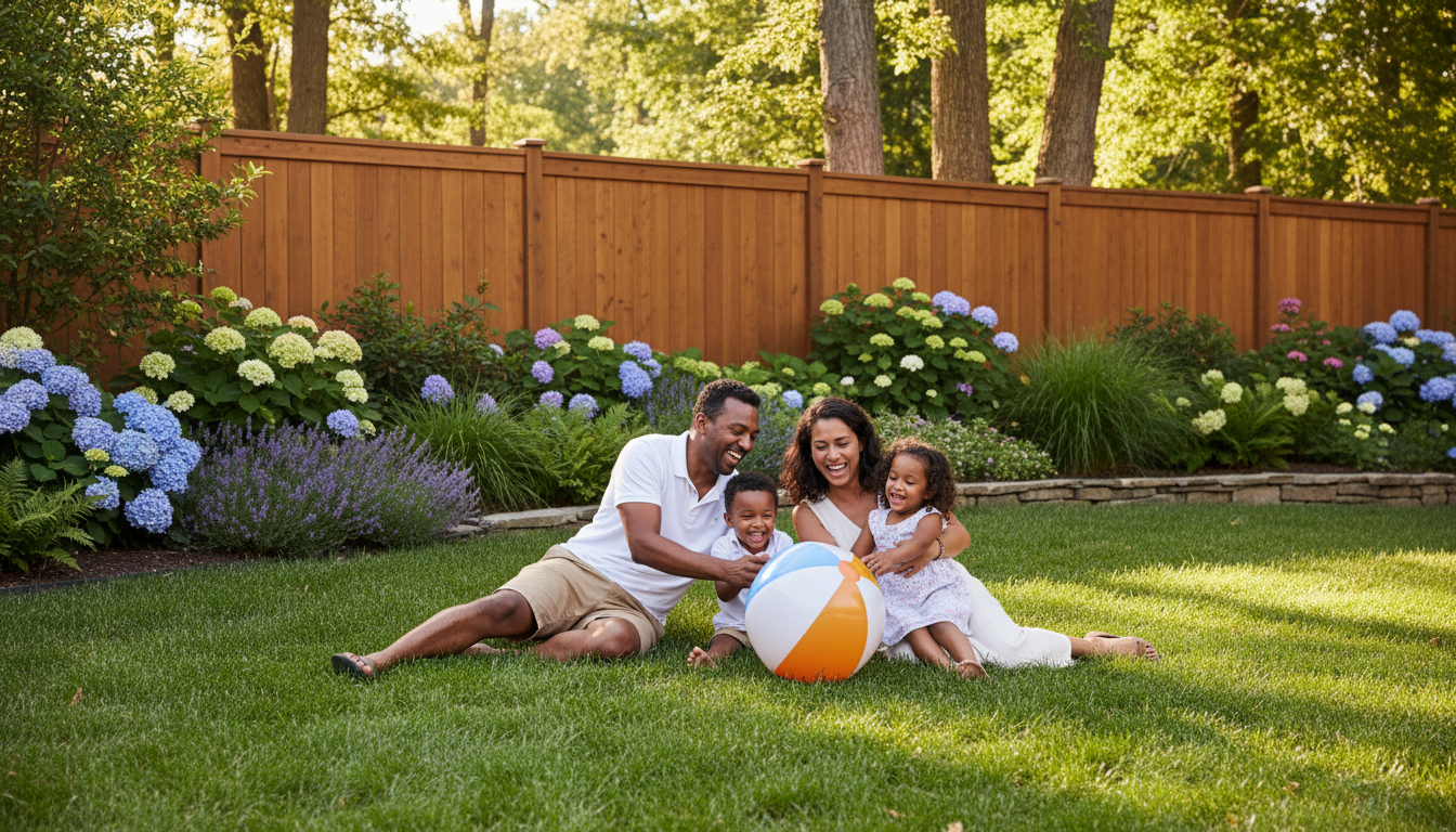 Happy family enjoying their beautiful backyard