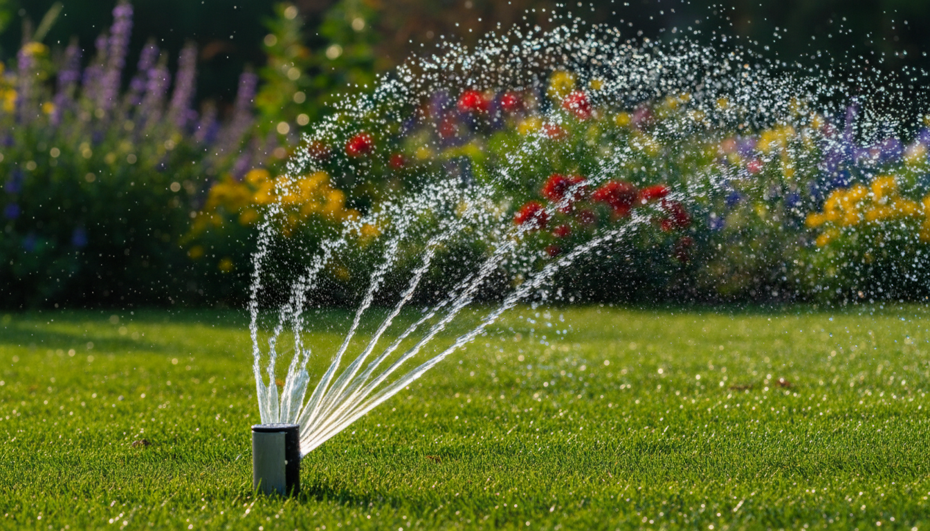 Modern irrigation system watering lawn